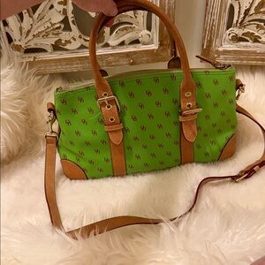 Dooney & Bourke Bright Green Canvas Satchel with Tan Leather Trim